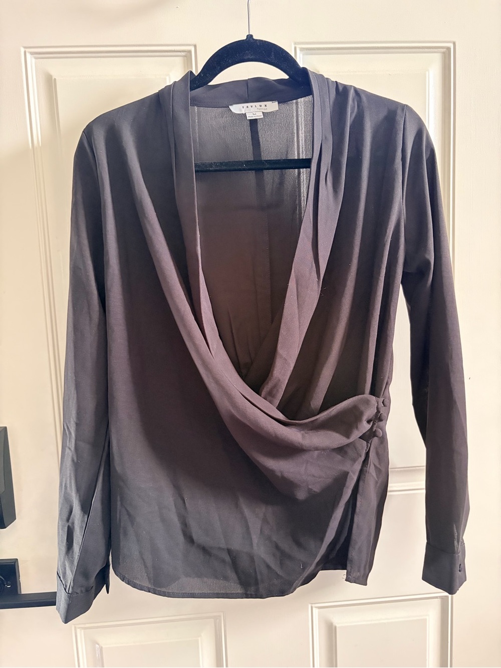FAVLUX Draped V-Neck Long-Sleeve Top - Charcoal Gray